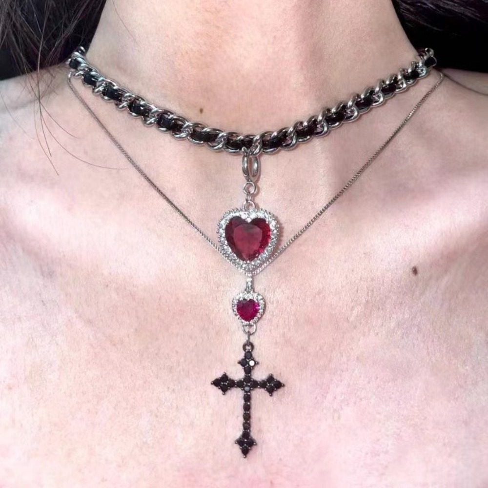 Layered Pendant Necklace Aesthetic - Punk Grunge Rotes Herz Kristall-Kreuz-Anhänger Doppelschichtige
