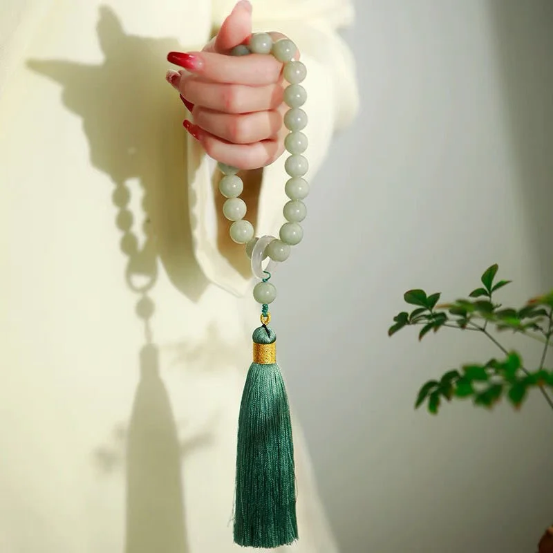 Necklaces - Grüner Jade stein 12mm Perlen Quaste